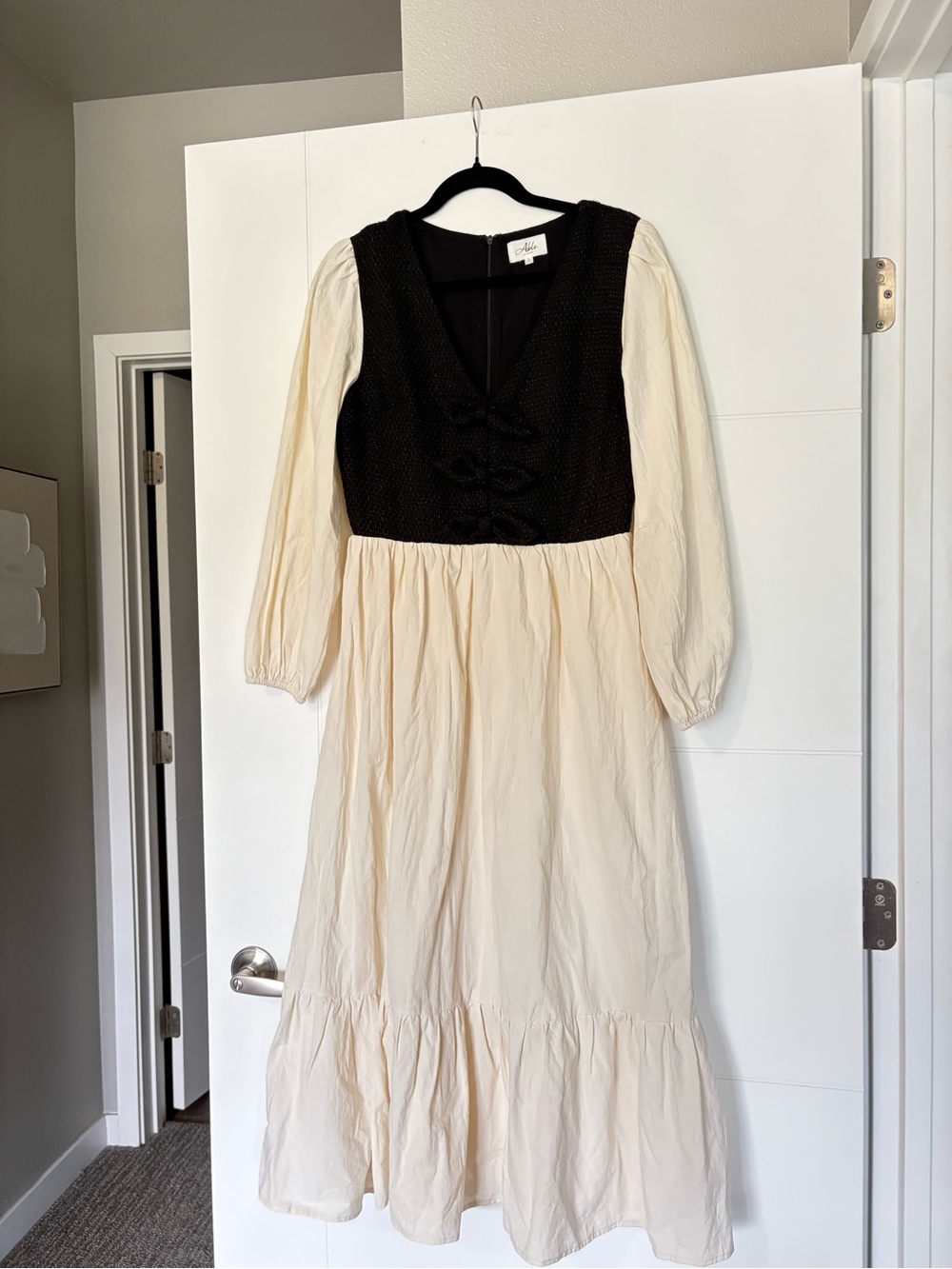 Able los angeles Cotton Oatmeal Puff Sleeve bows Midi Dress size L Lara combo